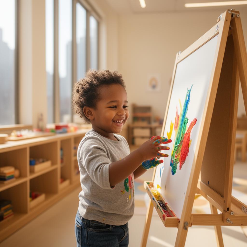 Toddler painting at the easel