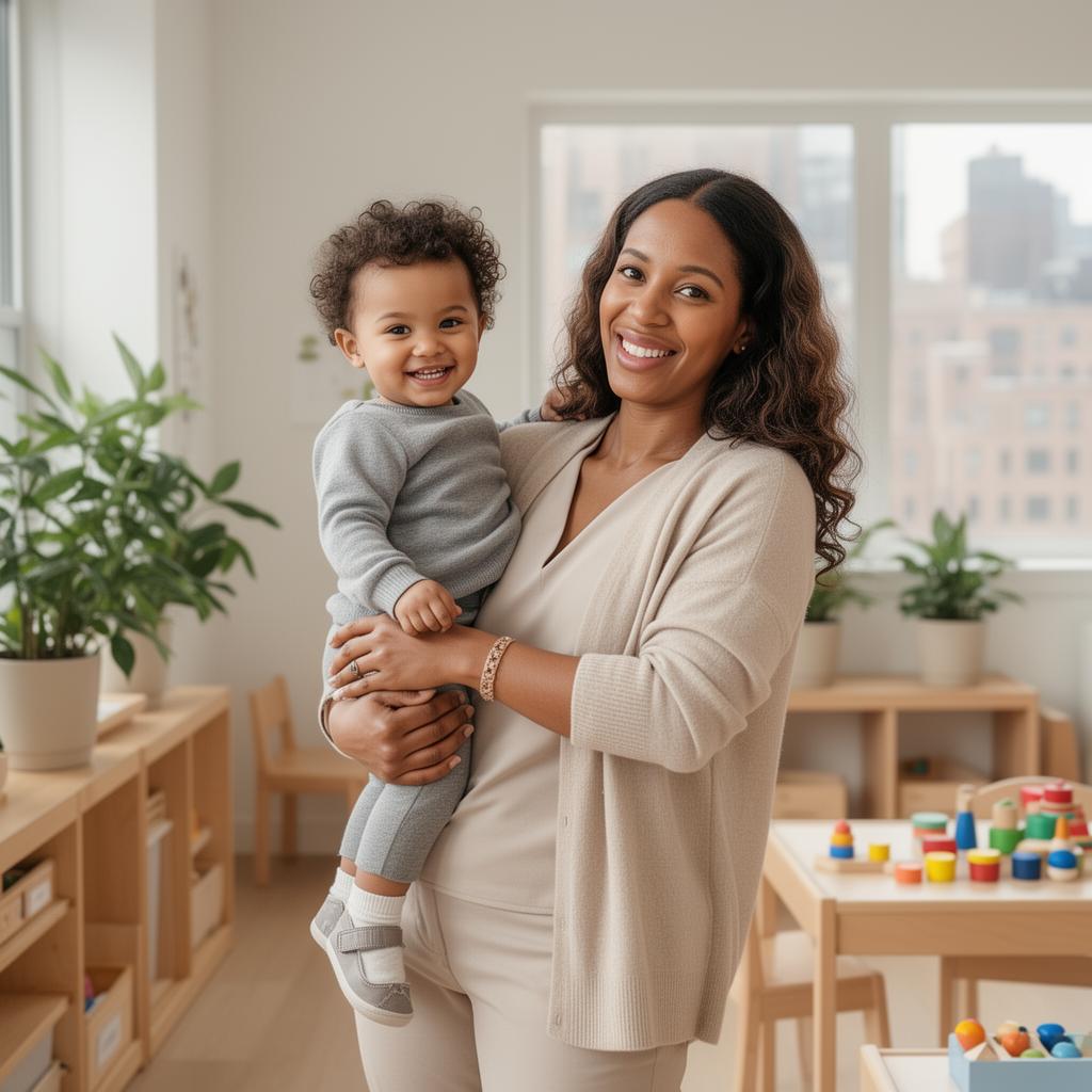 A caring teacher with a toddler at Bebe's Kidz